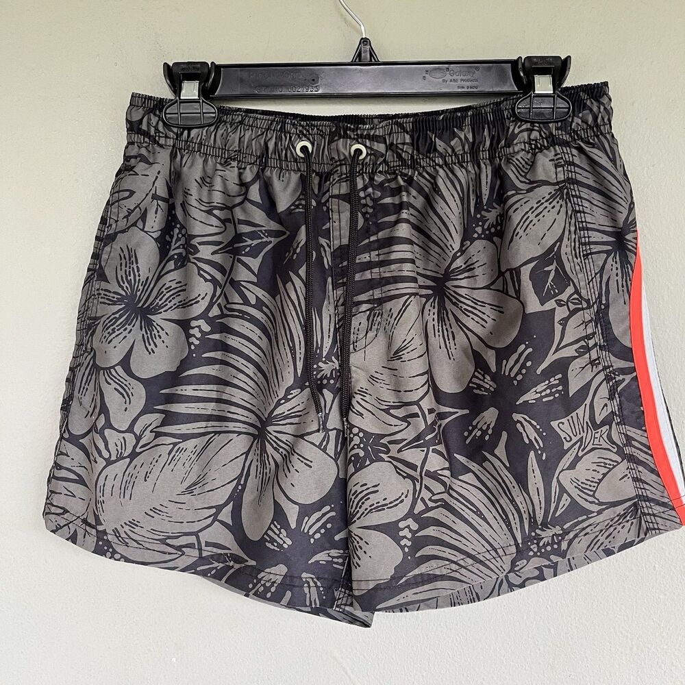 Sundek Taffeta Swim Trunks Size M |Fit S Floral Camo Rainbow Back Stripe Pockets